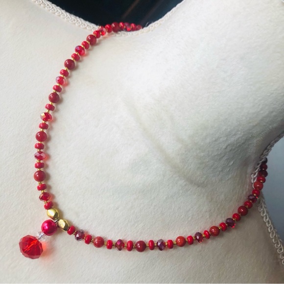 Handcrafted repurpose carnelian glass faceted crystal beaded necklace - Picture 1 of 10